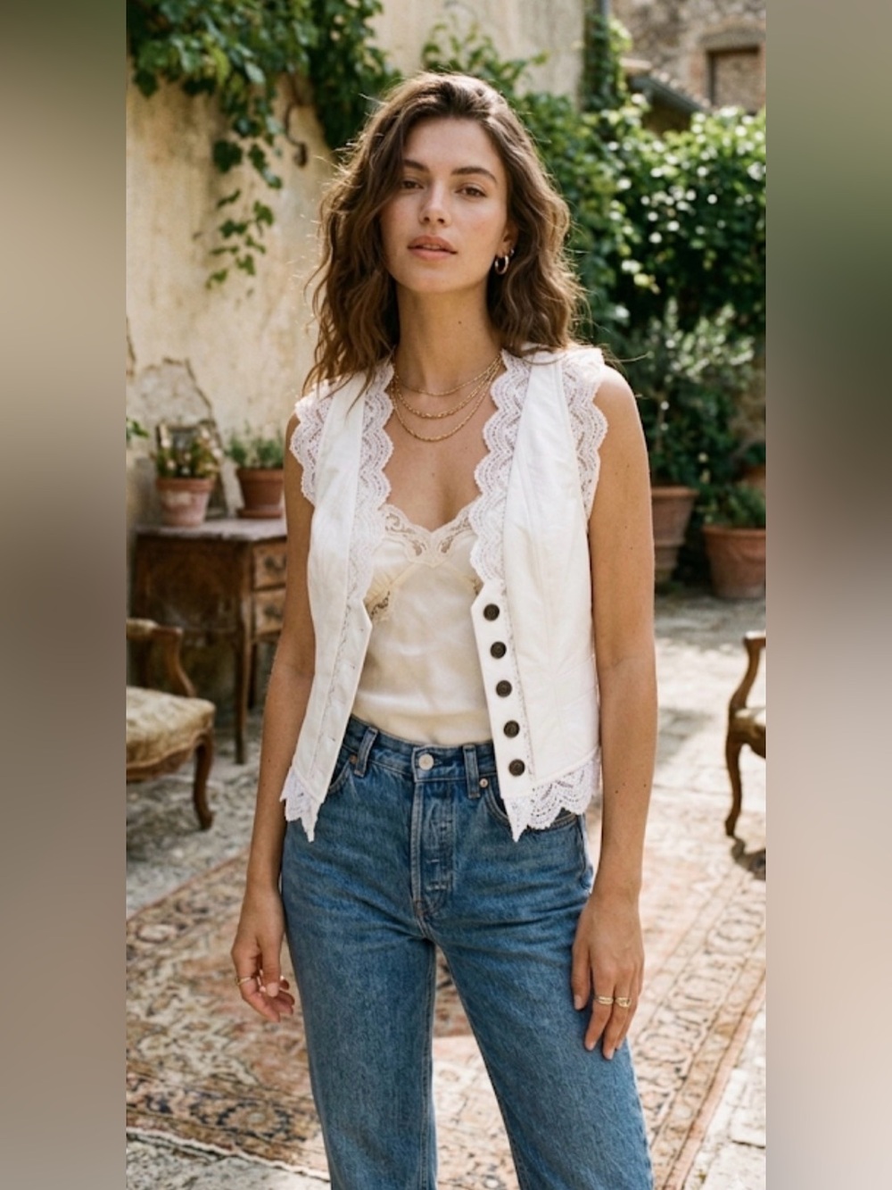 Vintage White Faux Leather Lace Trim Vest Button Front Coquette Boho Romantic